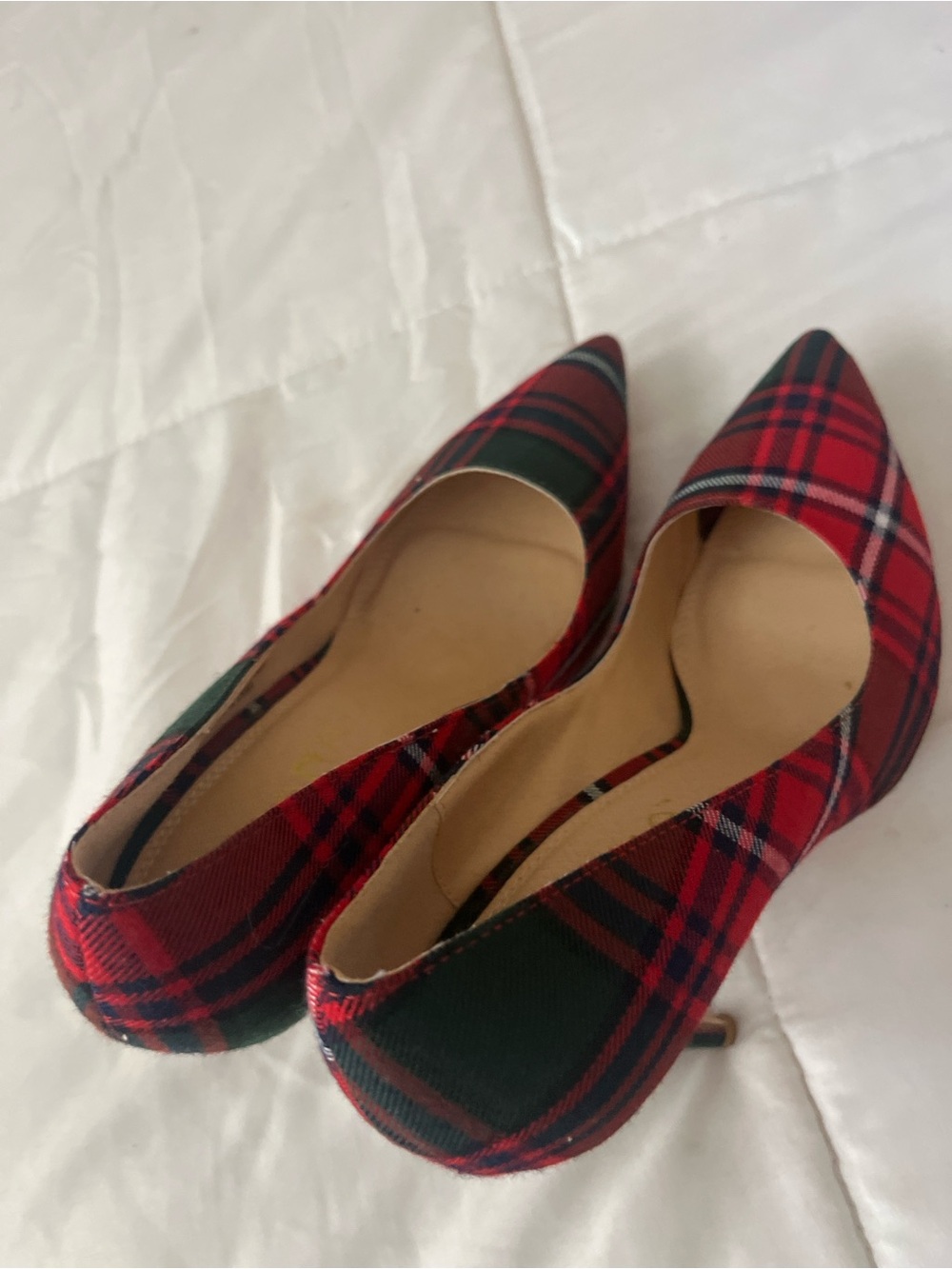 Liliana Red and Green Plaid Pointed Toe Pumps